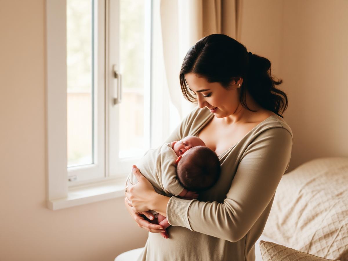 Mor holder nyfødt baby tett inntil seg ved et vindu med mykt lys