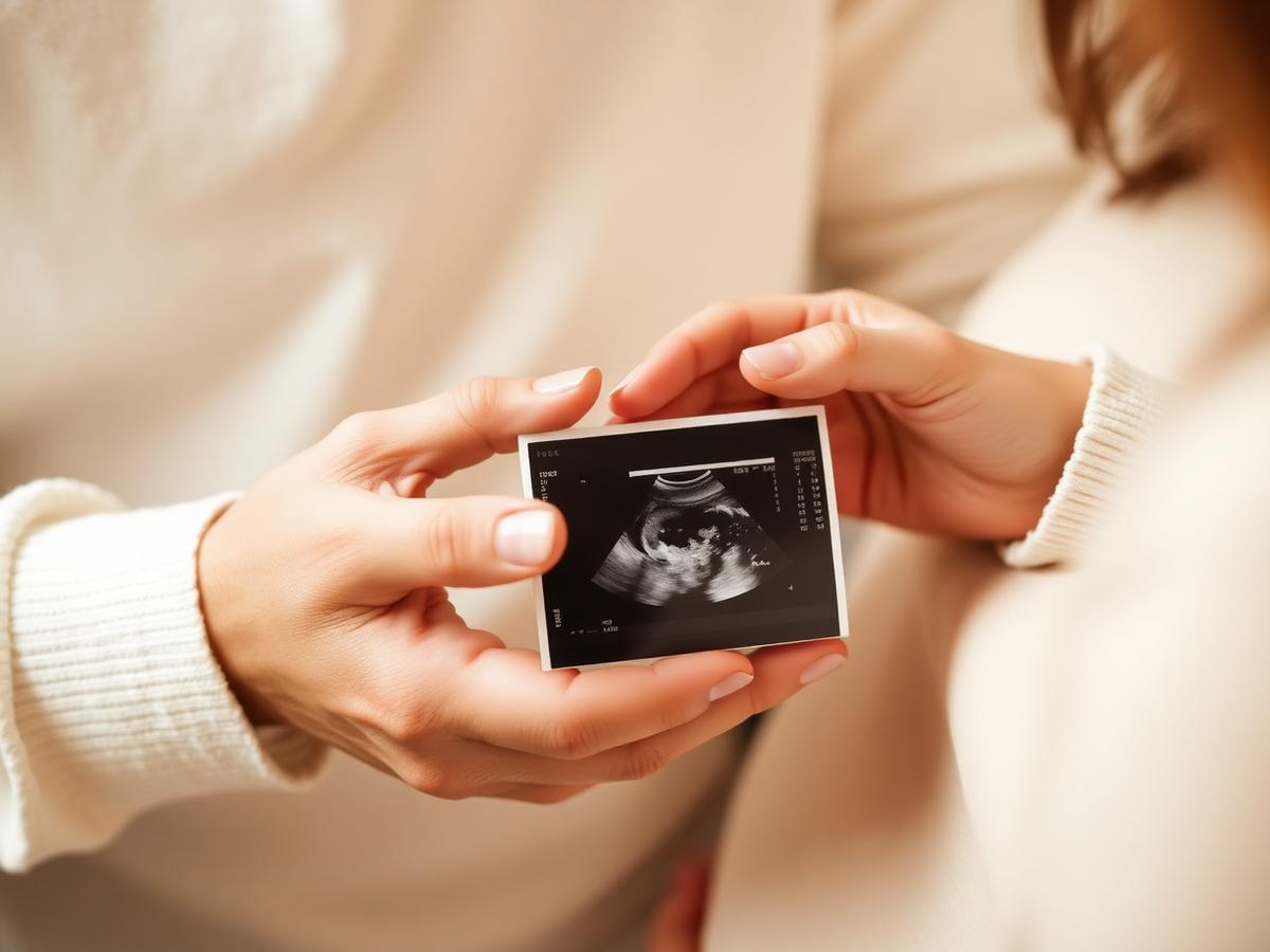 Hender som holder et ultralydbilde i varmt naturlig lys