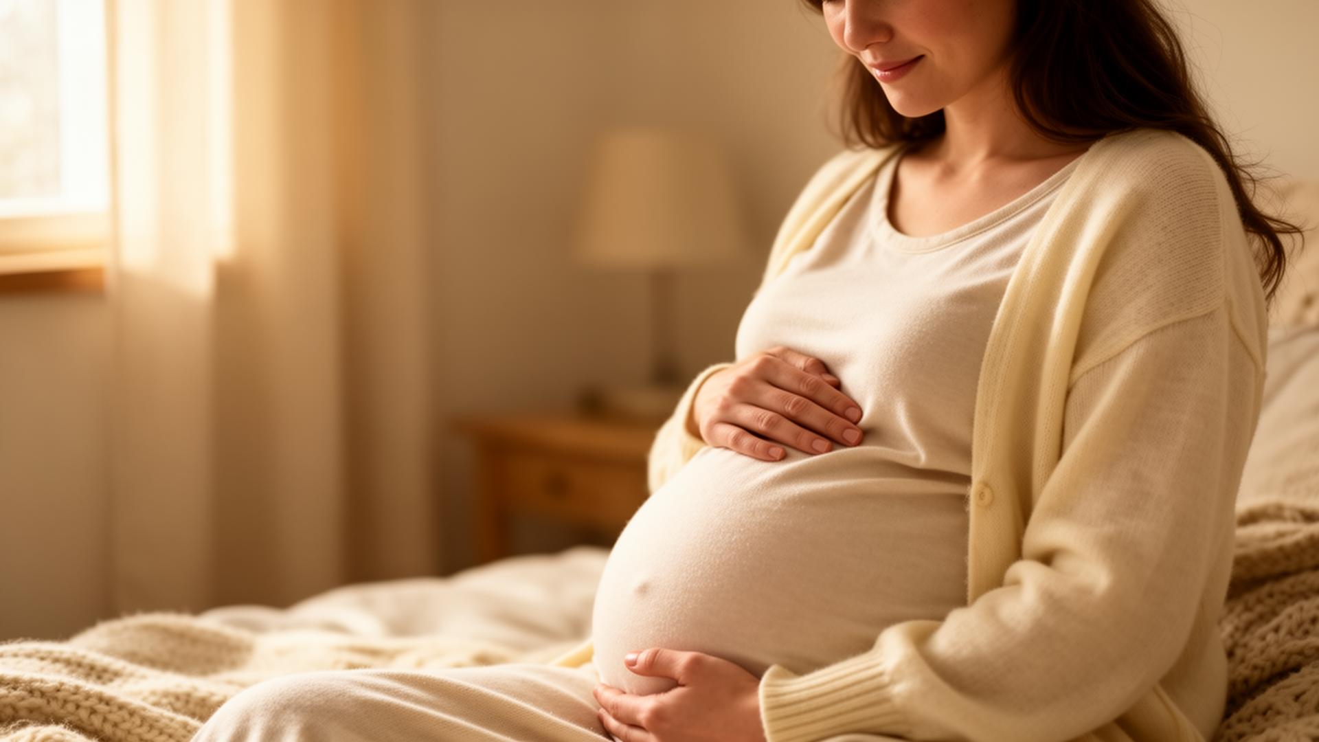 Gravid kvinne i mykt morgenlys som holder rolig rundt magen